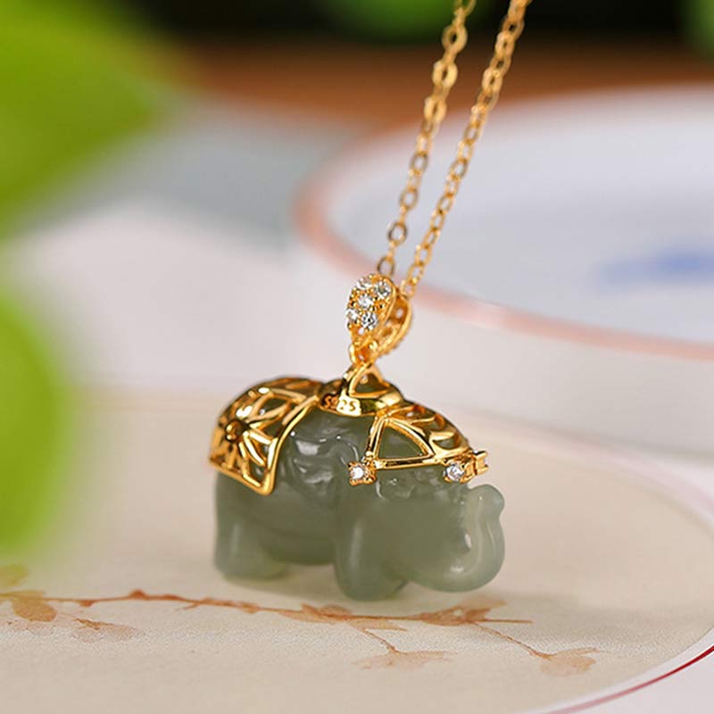 Fortune Jewel 925 Sterling Silver Jade Elephant Blessing Fortune Necklace Chain Pendant