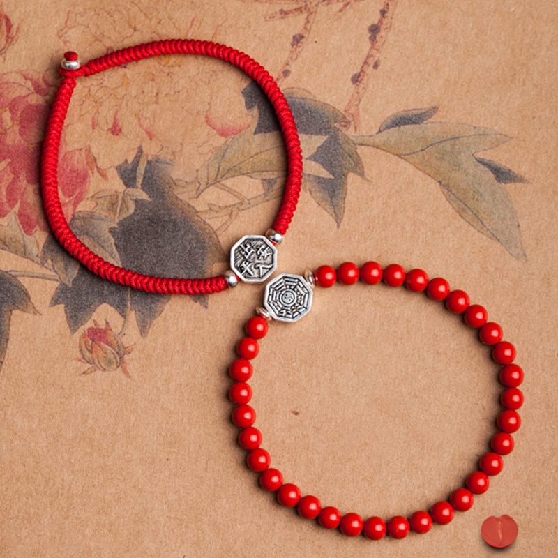 Fortune Jewel 925 Sterling Silver Yin Yang Bagua Symbol Cinnabar String Concentration Bracelet