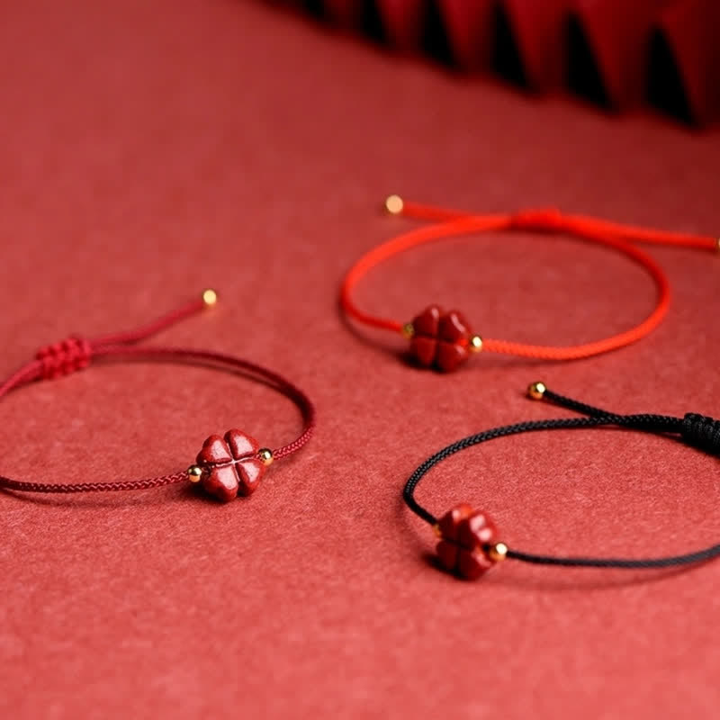 Fortune Jewel Natural Cinnabar Four Leaf Clover Blessing Red String Bracelet Anklet