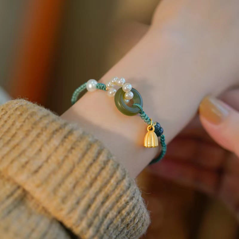 Fortune Jewel Natural Hetian Jade Peace Buckle Pearl Luck Handcrafted Braided Bracelet