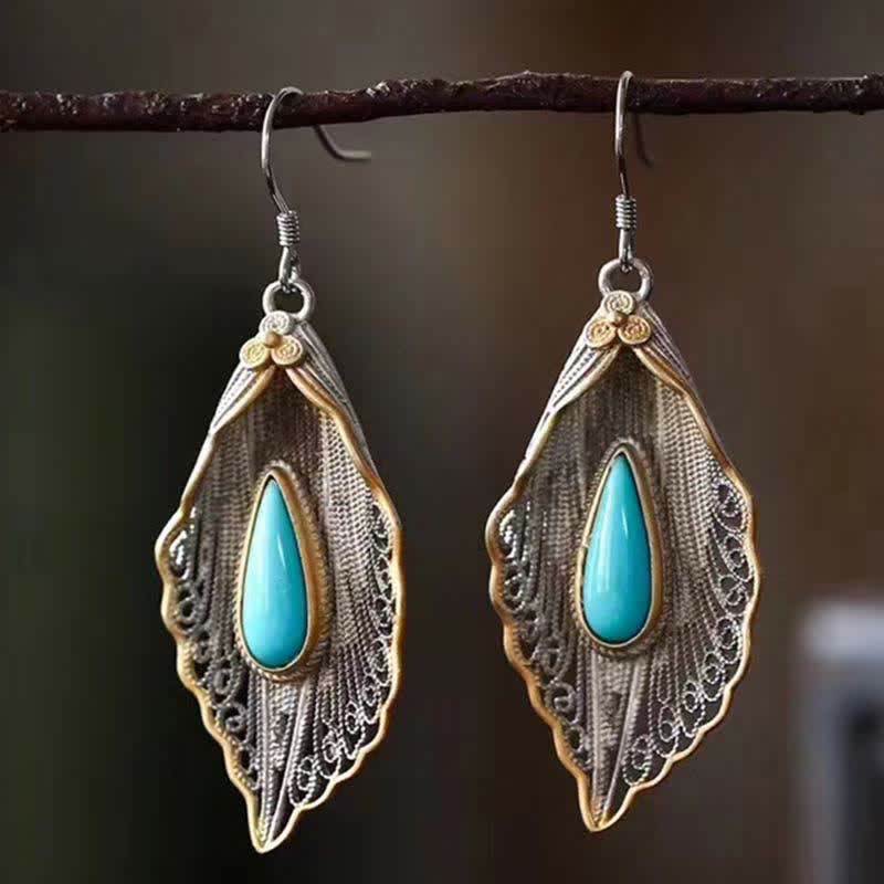 Fortune Jewel 925 Sterling Silver Turquoise Bodhi Leaf Pattern Protection Drop Dangle Earrings