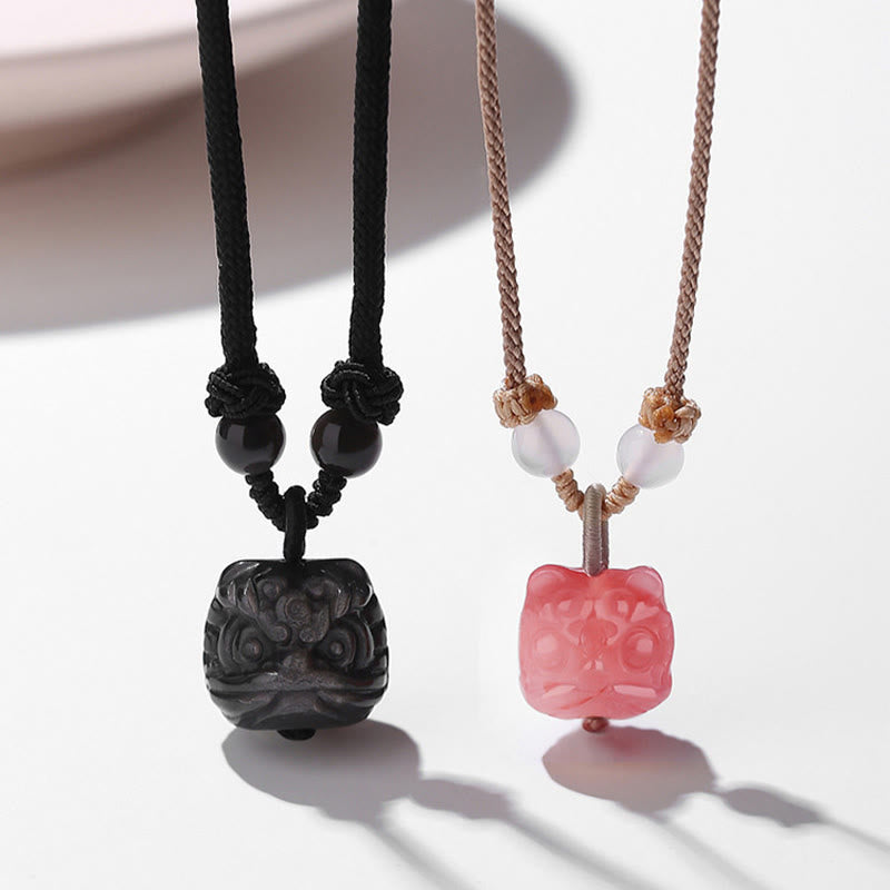 Fortune Jewel Natural Silver Sheen Obsidian Red Agate Dancing Lion Protection Necklace Pendant