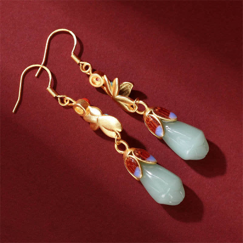 Fortune Jewel Magnolia Flower Jade Pattern Luck Prosperity Drop Dangle Earrings