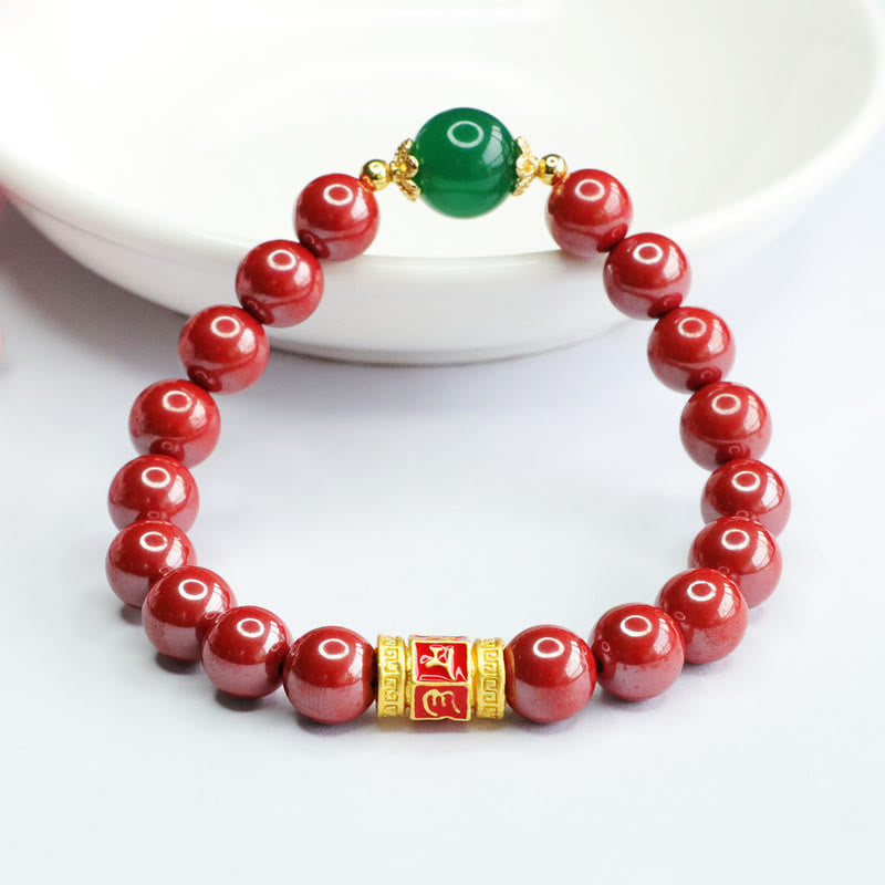 Fortune Jewel Natural Cinnabar Green Agate Om Mani Padme Hum Pattern Blessing Bracelet