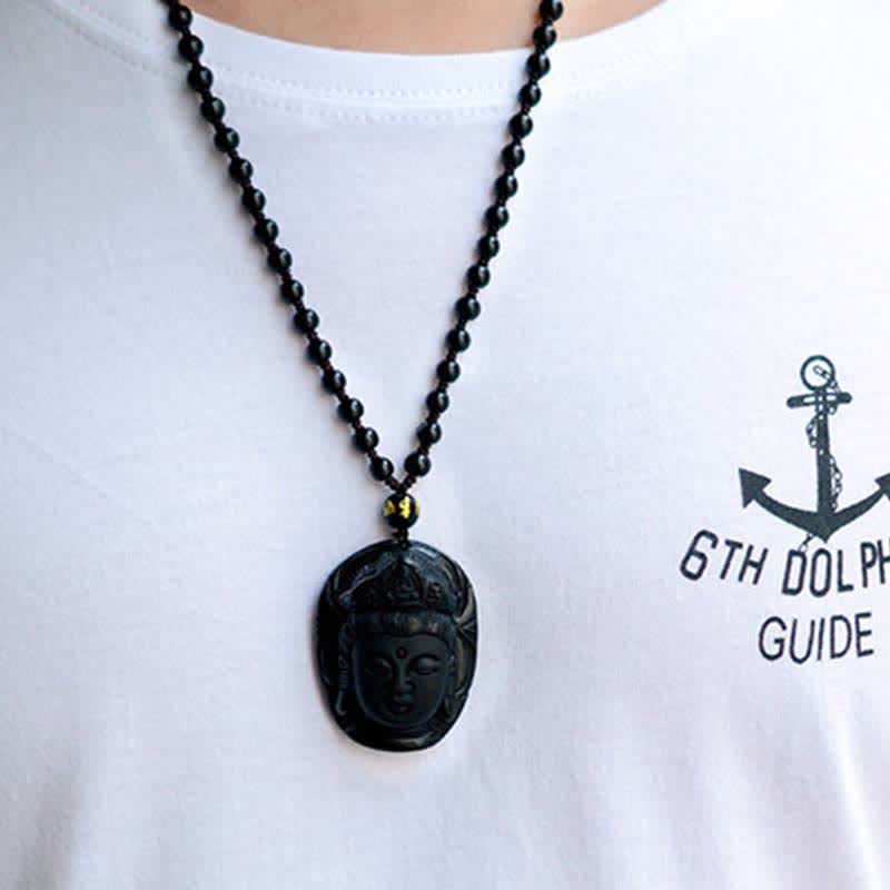 Fortune Jewel Natural Black Obsidian Kwan Yin Avalokitesvara Strength String Necklace Pendant