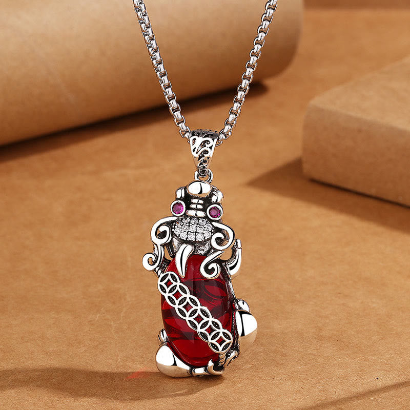 Fortune Jewel PiXiu Garnet Copper Coin Wealth Luck Necklace Pendant