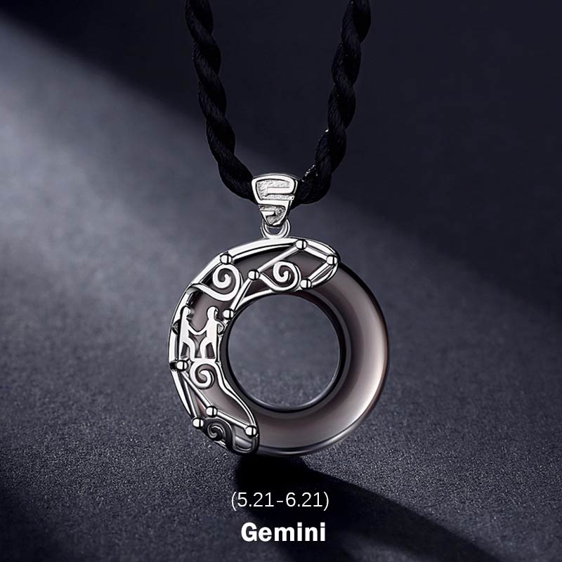 Fortune Jewel 12 Constellations of the Zodiac Ice Obsidian Blessing Round Pendant Necklace