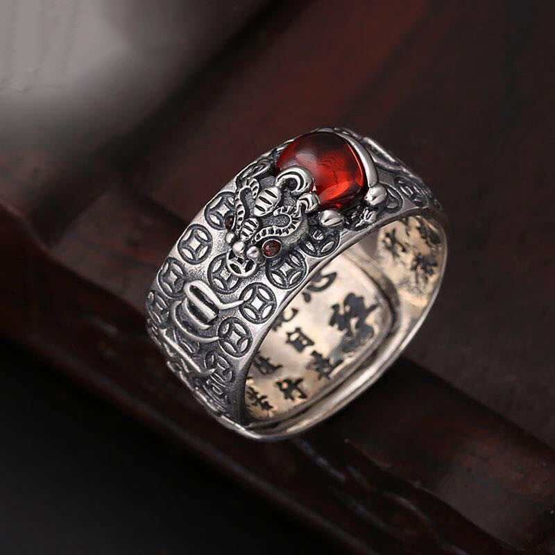Fortune Jewel Genstone PiXiu Feng Shui Frog Vajra Dorje Heart Sutra Wealth Adjustable Ring