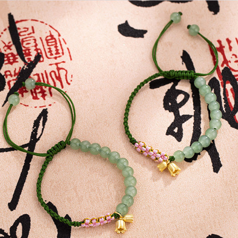 Fortune Jewel Handmade Jade Bead Lily of the Valley Charm Luck Braided Bracelet