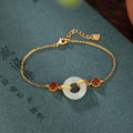 Fortune Jewel 925 Sterling Silver Plated Gold Natural Hetian Jade Peace Buckle Red Agate Luck Bracelet