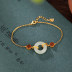 Fortune Jewel 925 Sterling Silver Plated Gold Natural Hetian Jade Peace Buckle Red Agate Luck Bracelet