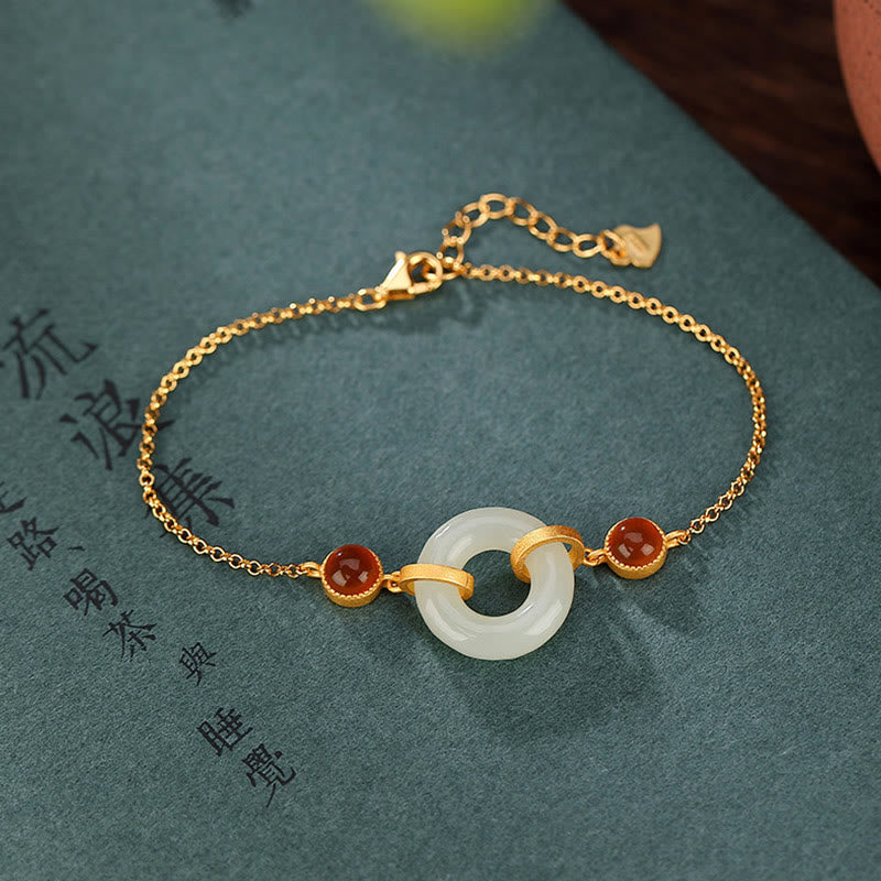 Fortune Jewel 925 Sterling Silver Plated Gold Natural Hetian Jade Peace Buckle Red Agate Luck Bracelet