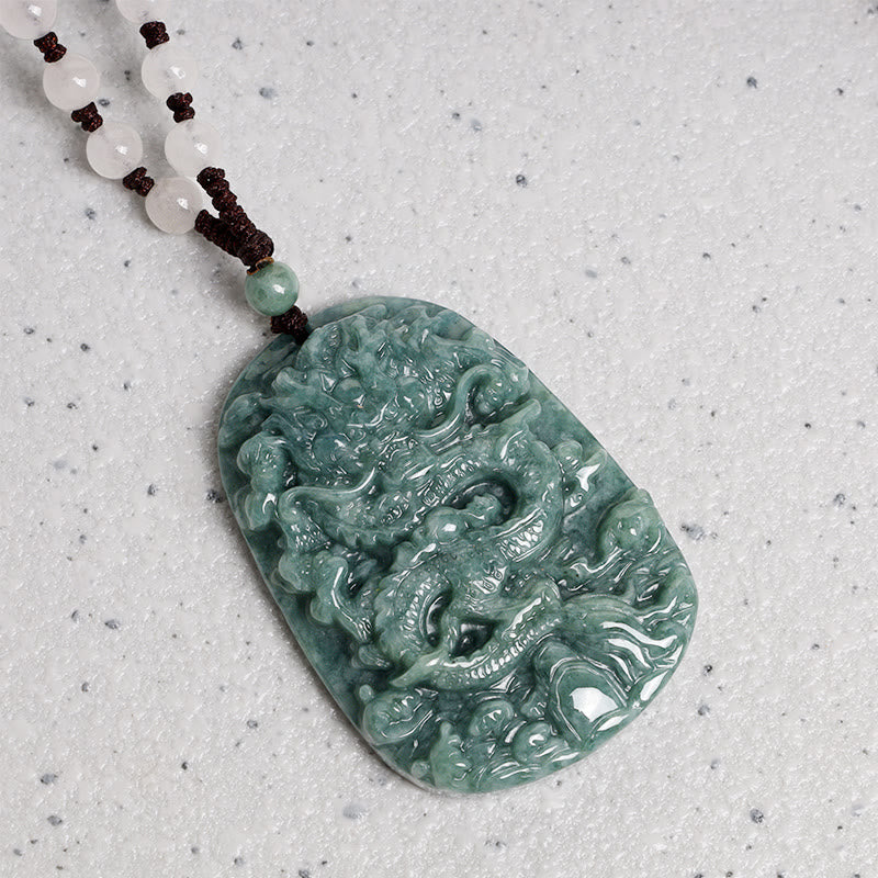 Buddha Stones Chinese Zodiac Dragon Jade Prosperity Necklace Bead String Pendant Fortune Jewel
