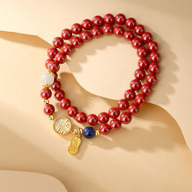 Fortune Jewel 925 Sterling Silver Cinnabar Tridacna Stone Fu Character Double Wrap Blessing Bracelet