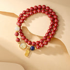 Fortune Jewel 925 Sterling Silver Cinnabar Tridacna Stone Fu Character Double Wrap Blessing Bracelet