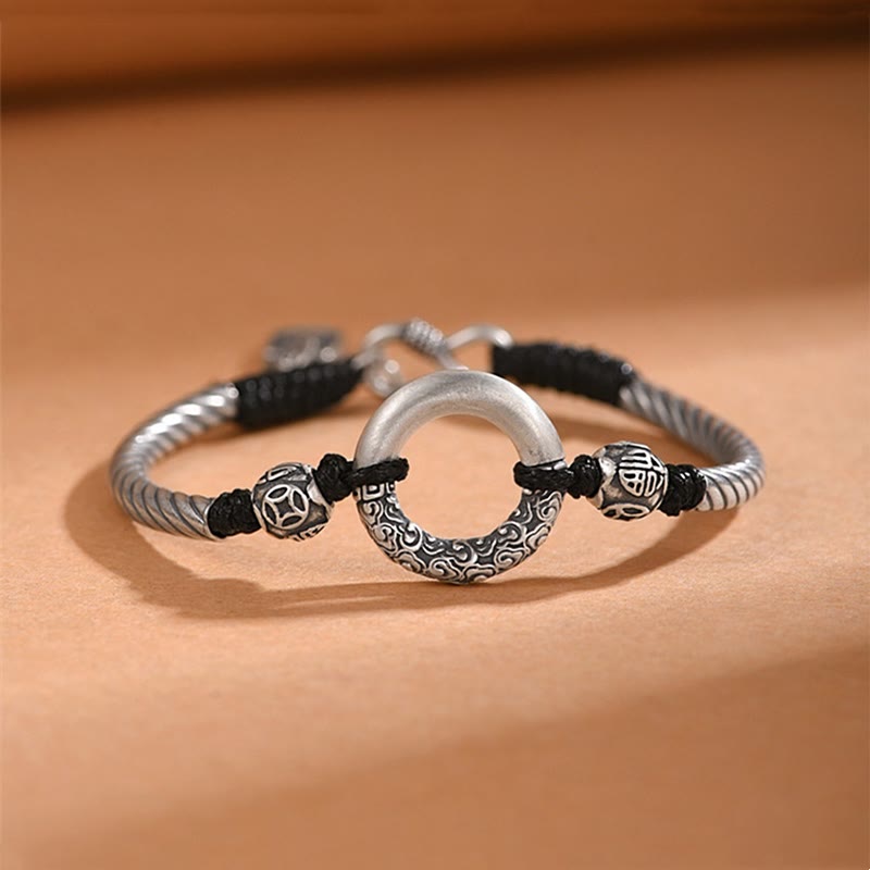 Fortune Jewel 999 Sterling Silver Fu Character Peace Buckle Copper Coin Auspicious Clouds Fortune Bracelet
