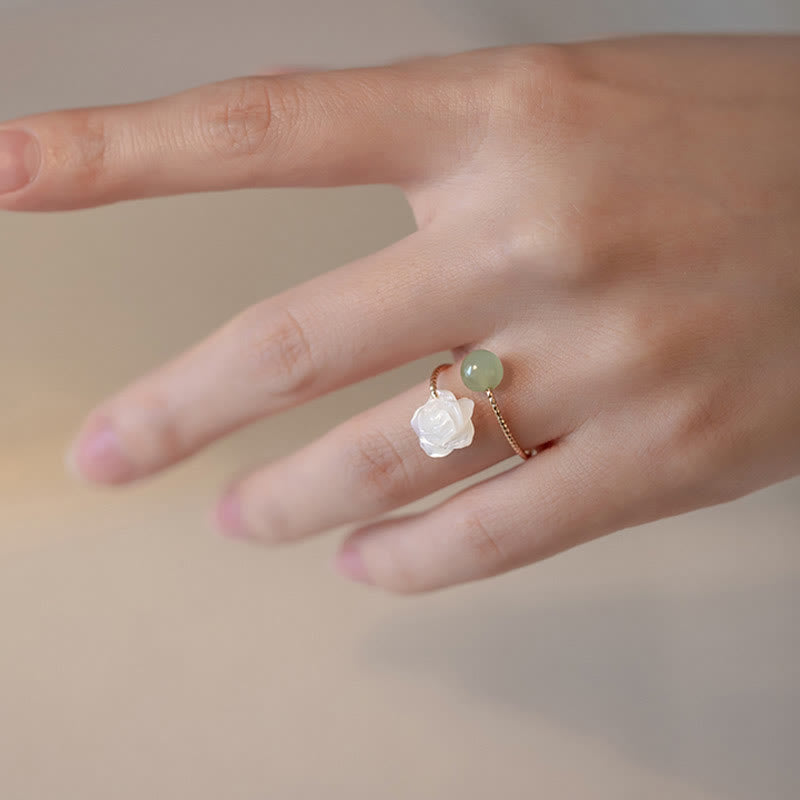 Fortune Jewel 14K Gold Plated Tridacna Stone Rose Flower Jade Bead Blessing Ring