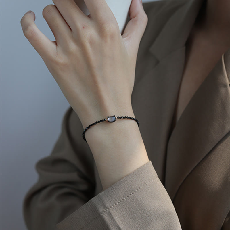 Fortune Jewel 14K Gold Plated Black Spinel White Crystal Cute Cat Tridacna Stone Healing Bracelet