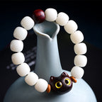 Fortune Jewel Natural Bodhi Seed Small Leaf Red Sandalwood Ebony Wood Cute Lucky Cat Wisdom Bracelet