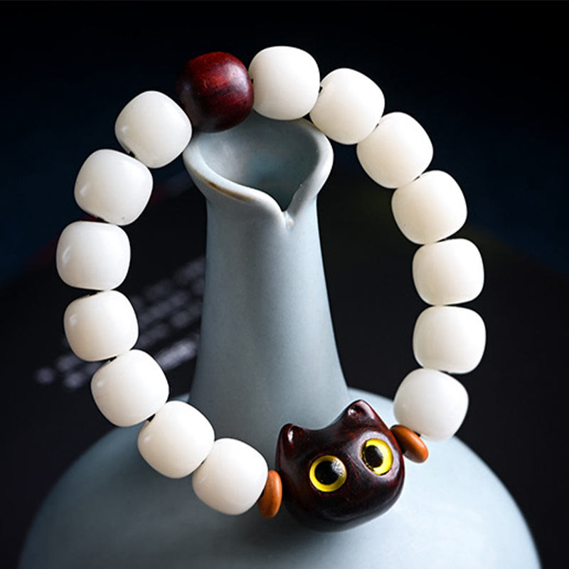 Fortune Jewel Natural Bodhi Seed Small Leaf Red Sandalwood Ebony Wood Cute Lucky Cat Wisdom Bracelet