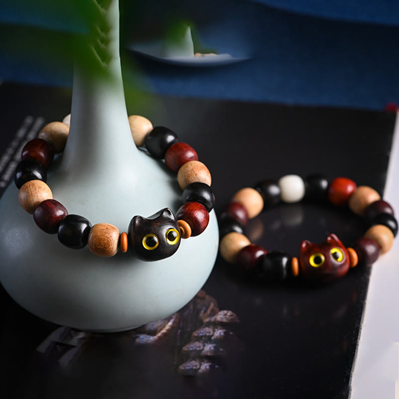 Fortune Jewel Small Leaf Red Sandalwood Ebony Wood Cute Cat Engraved Protection Bracelet