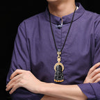 Fortune Jewel Natural Black Jade Kwan Yin Avalokitesvara Wealth Titanium Steel Chain Necklace Pendant Fortune Jewel