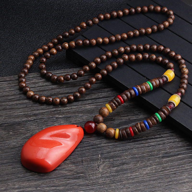 Fortune Jewel Tibetan Wenge Wood Bodhi Seed Agate Balance Peace Necklace Pendant