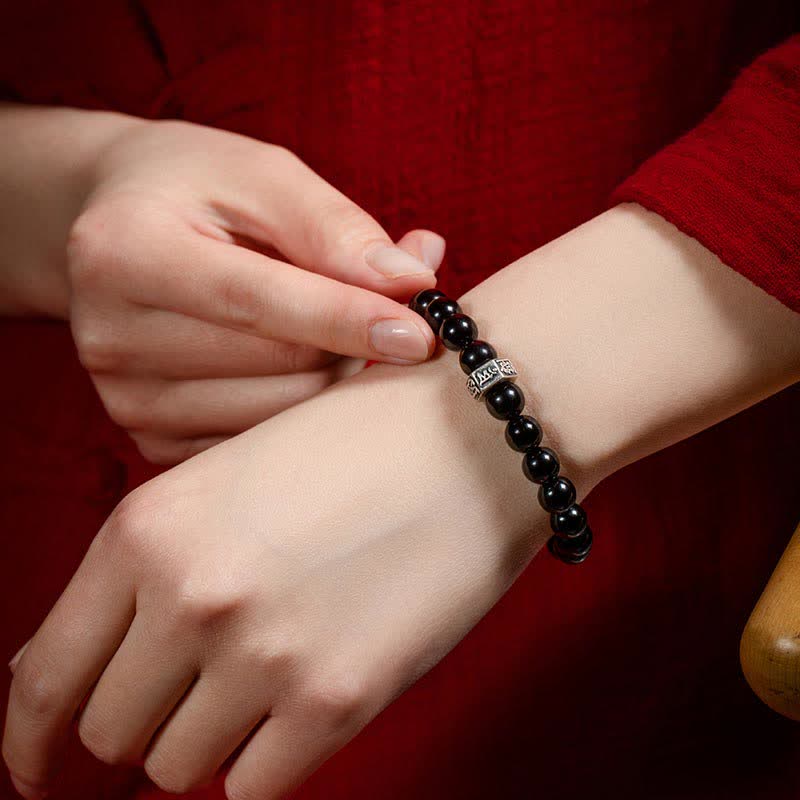 Fortune Jewel Chinese Zodiac Natal Buddha 925 Sterling Silver Black Obsidian Moonstone Strength Bracelet