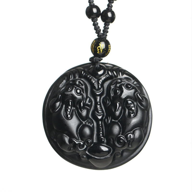 Fortune Jewel Black Obsidian Double Pixiu Bead Rope Purification Necklace Pendant