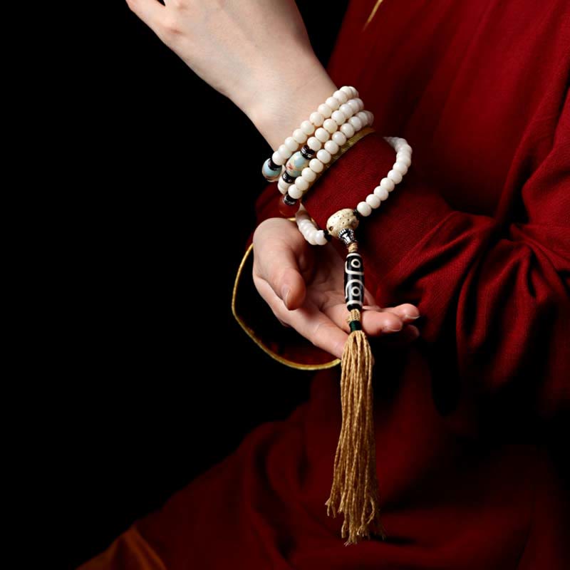 Fortune Jewel Tibet 108 Mala Beads Bodhi Seed Bagua Vajra Dzi Bead Gray Agate Wealth Bracelet