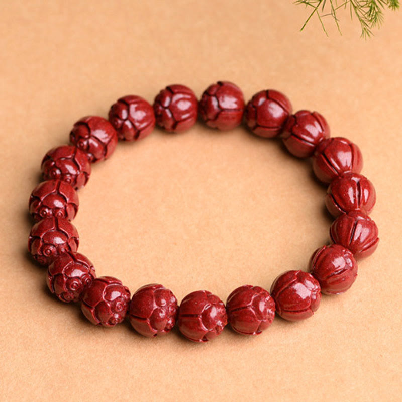 Fortune Jewel Natural Cinnabar Om Mani Padme Hum Fret Pattern Lotus Blessing Bracelet