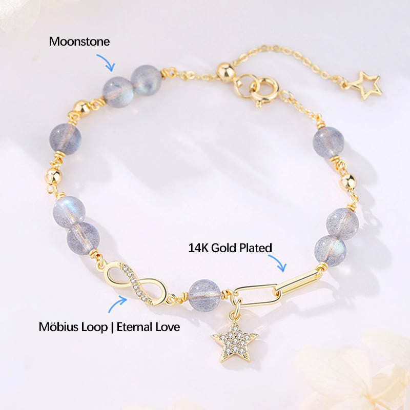 Fortune Jewel 14K Gold Plated Natural Strawberry Quartz Moonstone Möbius Loop Eternal Love Star Positive Bracelet