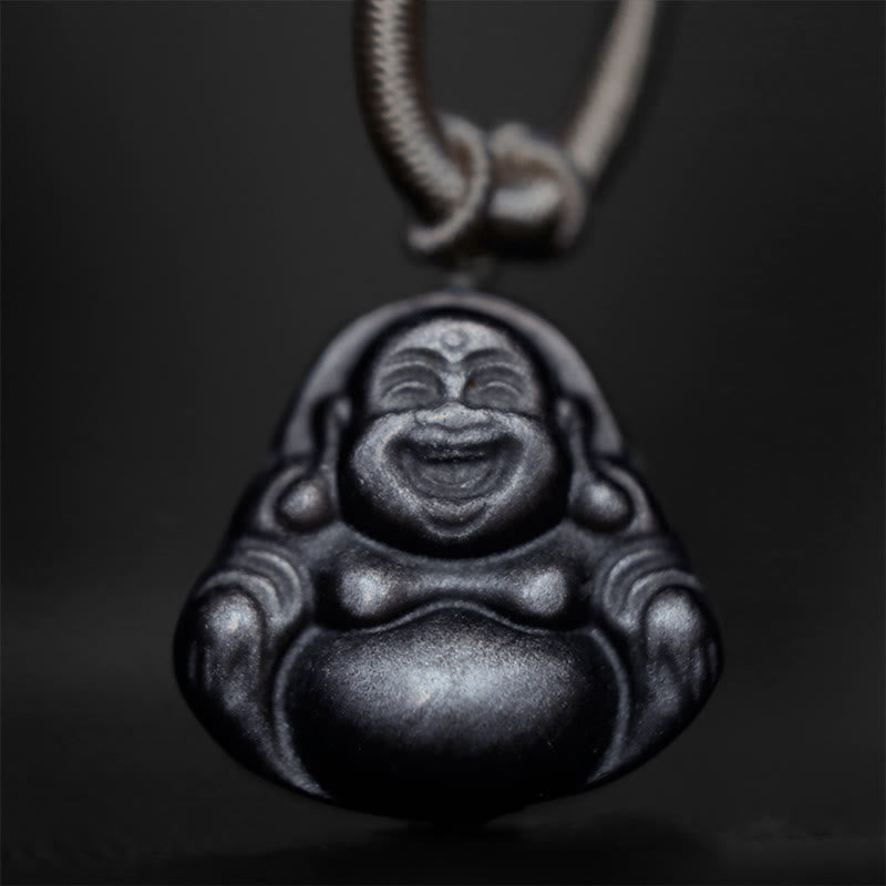 Fortune Jewel Natural Silver Sheen Obsidian Laughing Buddha Protection Necklace Pendant