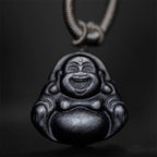 Fortune Jewel Natural Silver Sheen Obsidian Laughing Buddha Protection Necklace Pendant