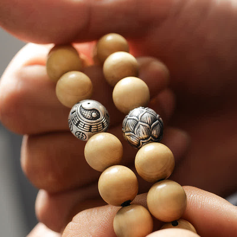 Fortune Jewel Tibet Peach Wood Lotus Cinnabar Bagua Yin Yang Luck Wealth Bracelet