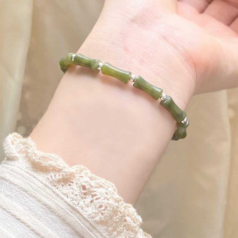 Fortune Jewel 925 Sterling Silver Bamboo Jade Lucky Cat Fu Character Luck Abundance Bracelet