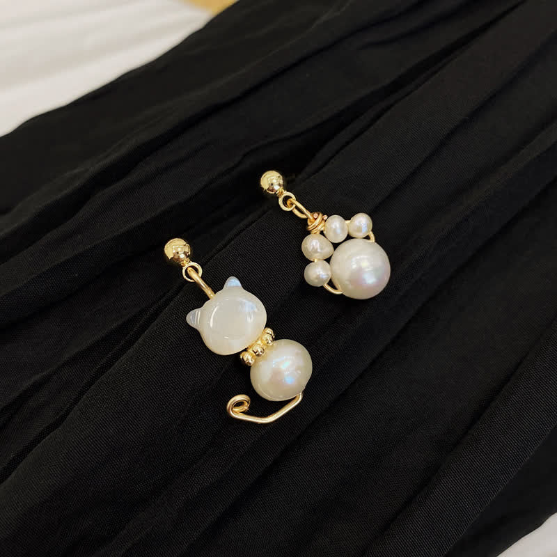 Fortune Jewel Cute Cat Paw Pearl Wisdom Stud Drop Earrings