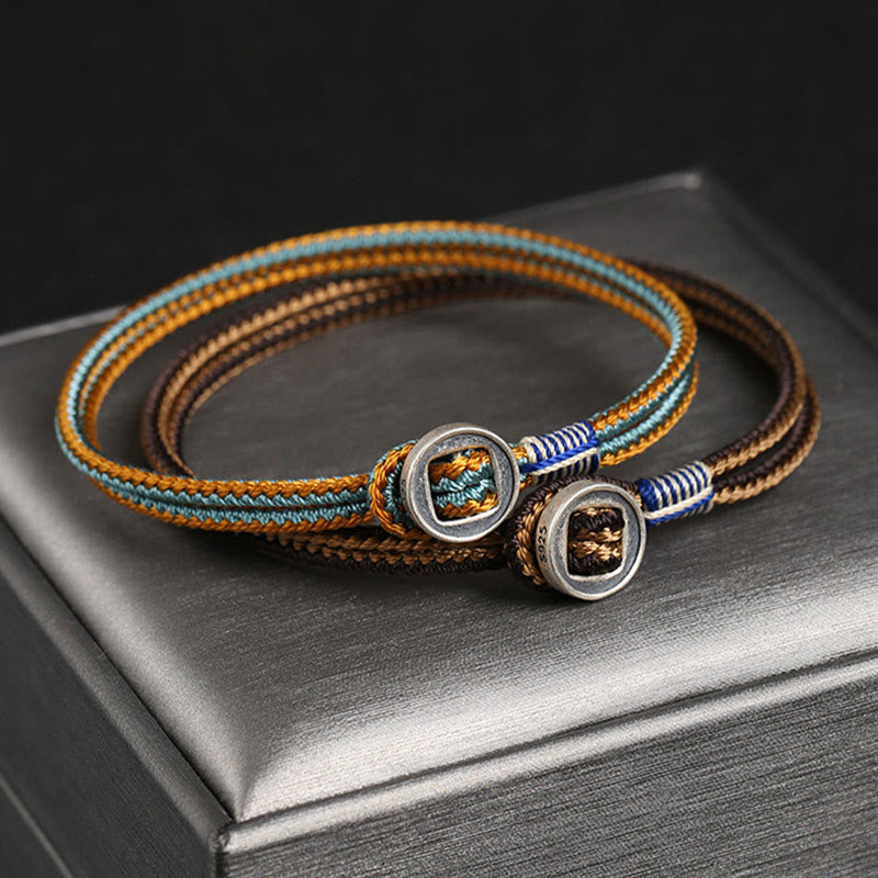 Fortune Jewel  925 Sterling Silver Handmade Button Protection Weave String Bracelet
