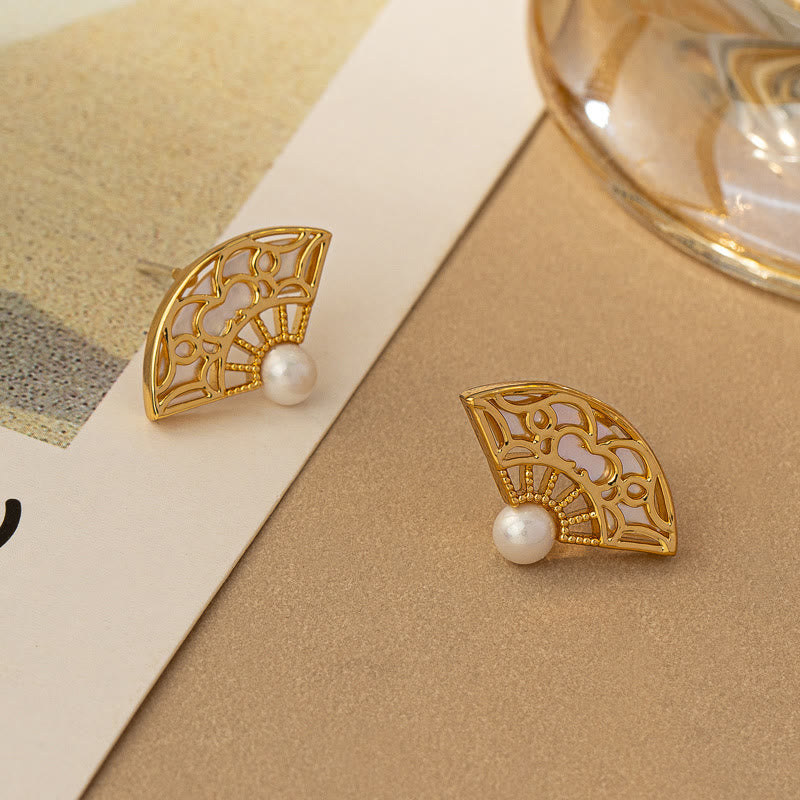 Fortune Jewel 925 Sterling Silver Posts Fan Pattern Pearl Copper Wisdom Stud Drop Earrings