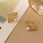 Fortune Jewel 925 Sterling Silver Posts Fan Pattern Pearl Copper Wisdom Stud Drop Earrings