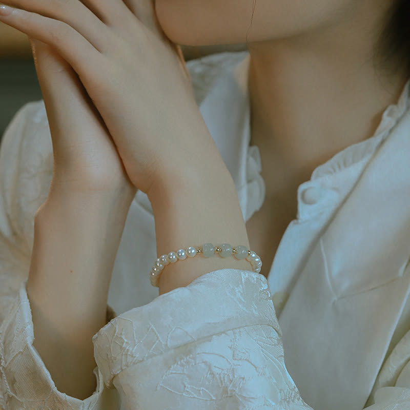 Fortune Jewel 14K Gold Plated Natural Pearl Hetian Cyan Jade White Jade Sincerity Bead Chain Bracelet