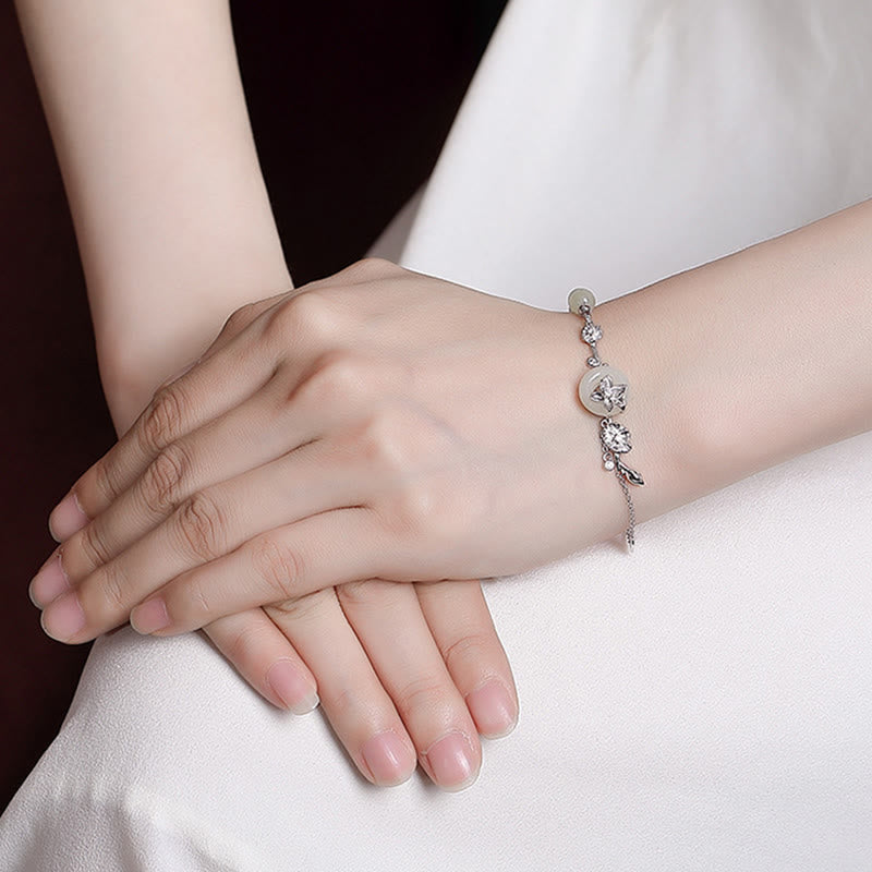 Fortune Jewel 925 Sterling Silver Hetian Jade Peace Buckle Lotus Luck Chain Bracelet