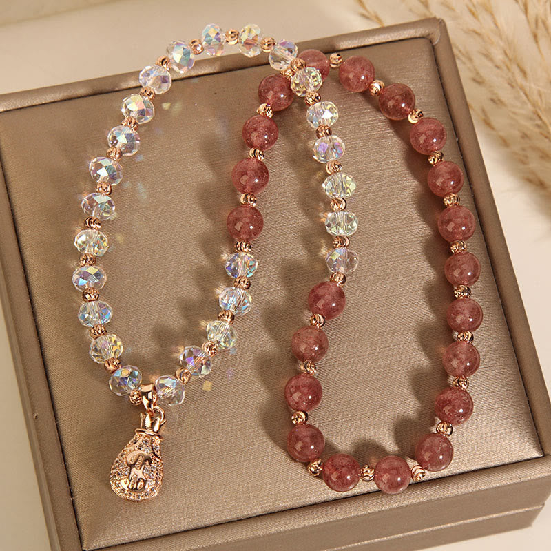 Fortune Jewel Strawberry Quartz White Crystal Money Bag Charm Positive Bracelet