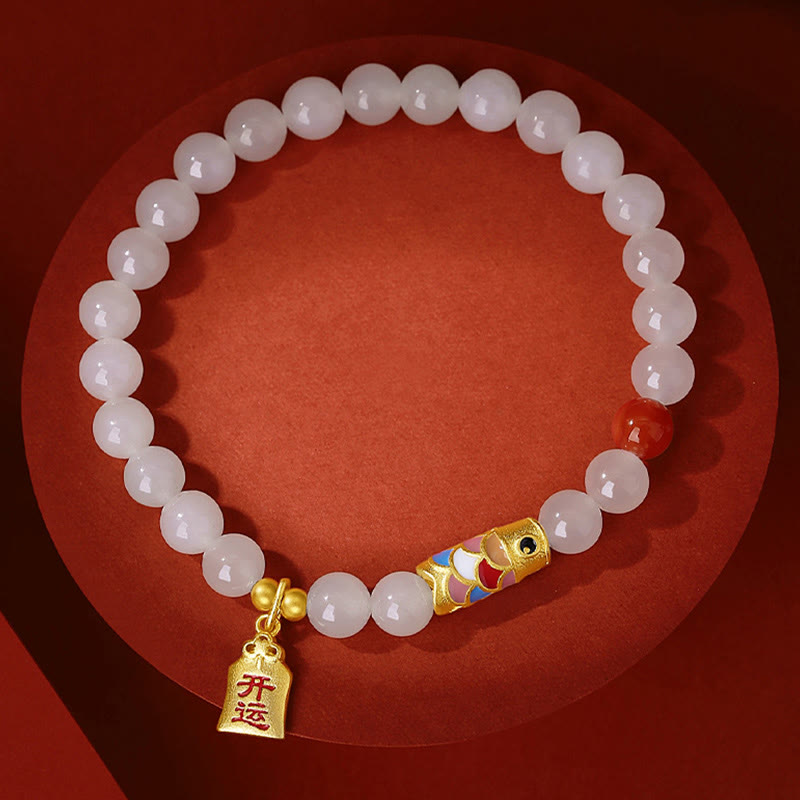 Fortune Jewel 925 Sterling Silver Hetian White Jade Red Agate Koi Fish Luck Happiness Bracelet