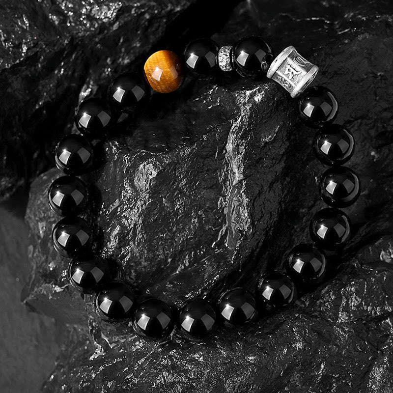 Fortune Jewel 999 Sterling Silver Black Obsidian Tiger Eye Om Mani Padme Hum Fulfillment Bracelet