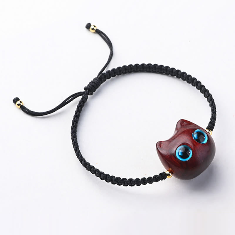 Fortune Jewel Small Leaf Red Sandalwood Ebony Wood Cute Cat Head Calm Protection Braided Bracelet