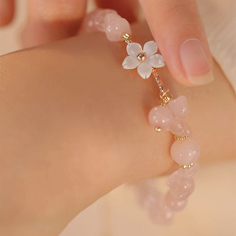 Fortune Jewel 14k Gold Plated Natural Pink Crystal Flower Love Bracelet