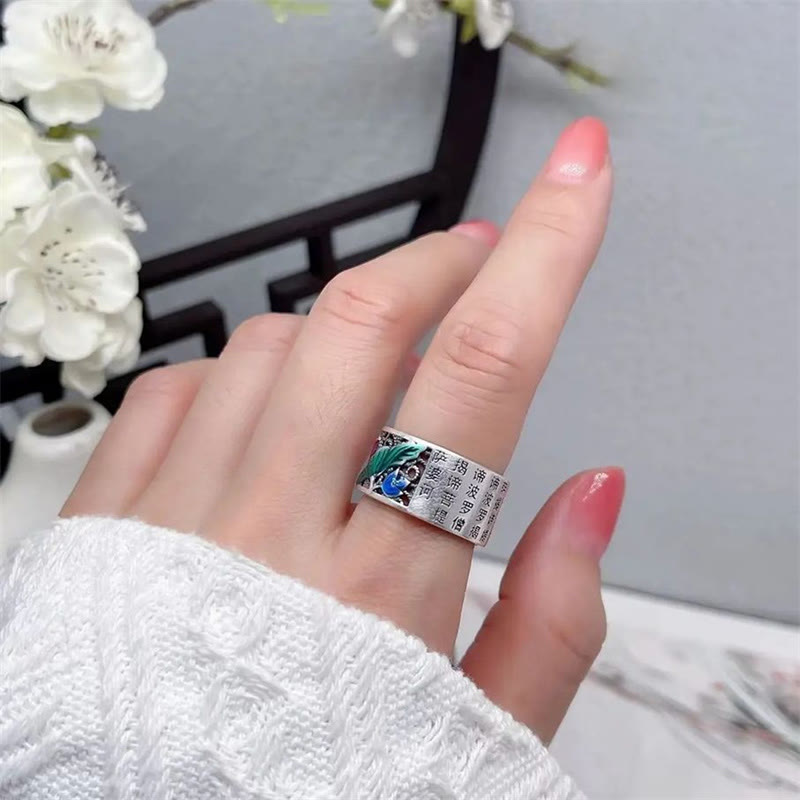 Fortune Jewel Copper Blue Enamel Lotus Heart Sutra Koi Fish Luck Ring Fortune Jewel