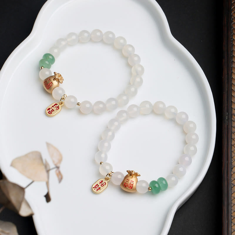 Fortune Jewel Natural White Agate Red Agate Money Bag Fu Character Four Leaf Clover Protection Bracelet