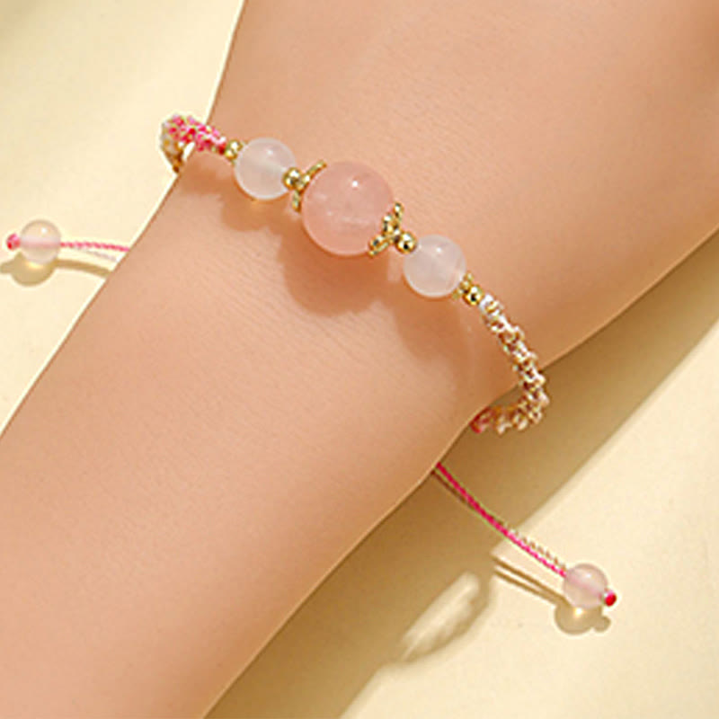 Fortune Jewel Strawberry Quartz Pink Crystal Prehnite White Agate Bead Healing Rope Bracelet